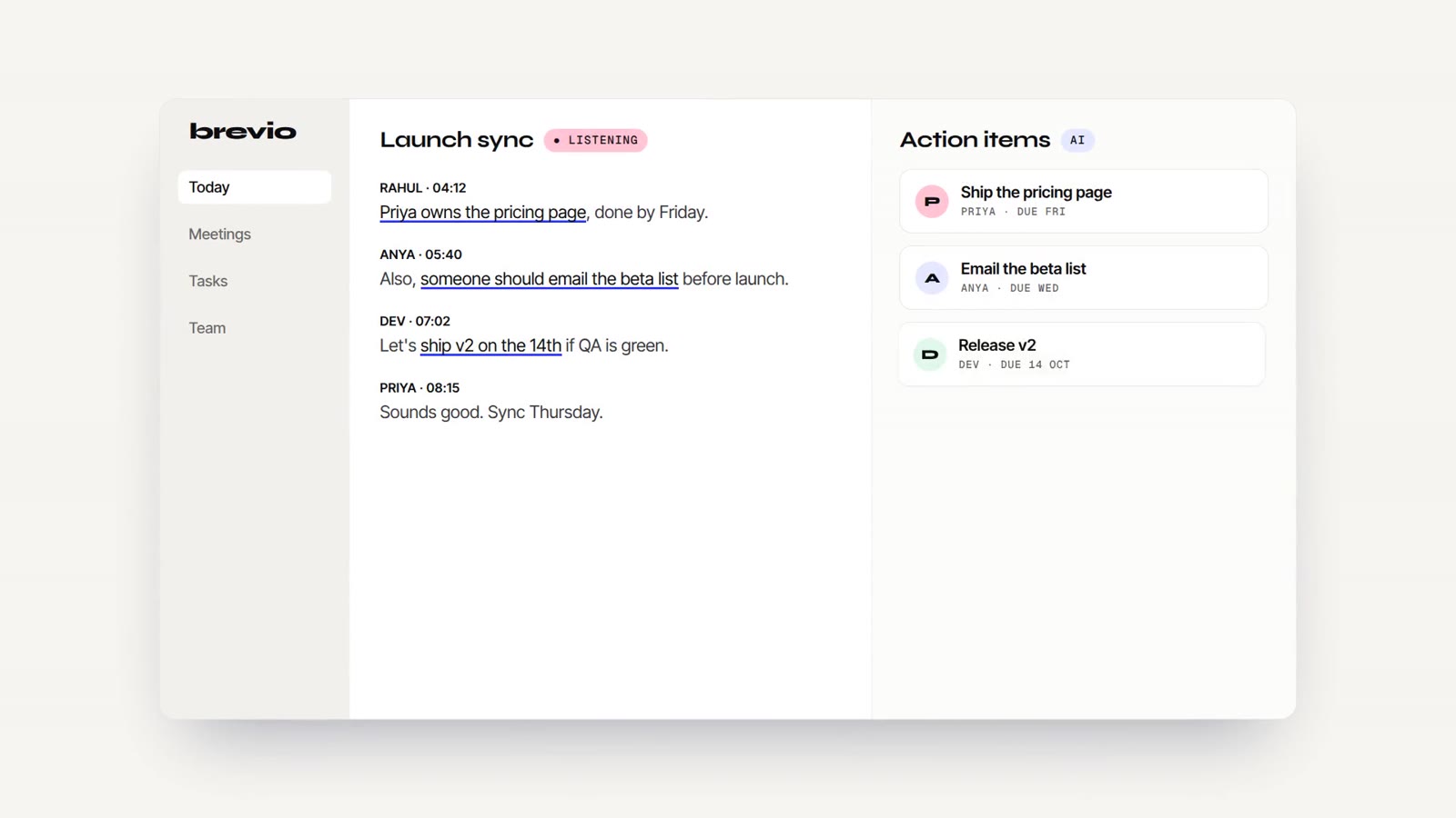 Brevio AI SaaS UI demo: meeting transcript turning into tasks