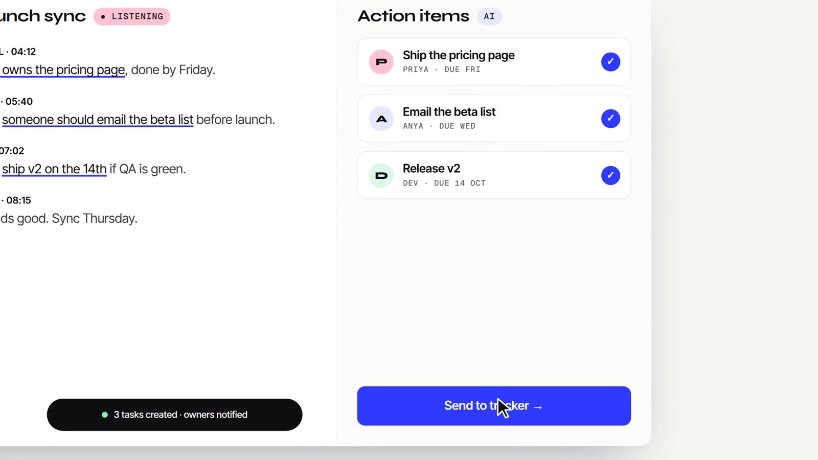Punch-in: one click creates 3 tasks