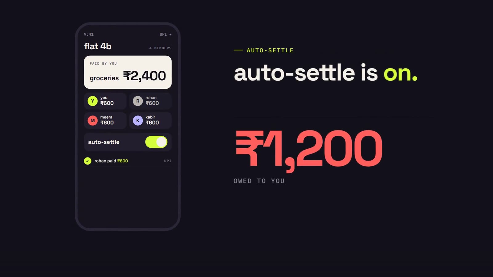 Halfsies app launch film: phone UI with auto-settle toggle