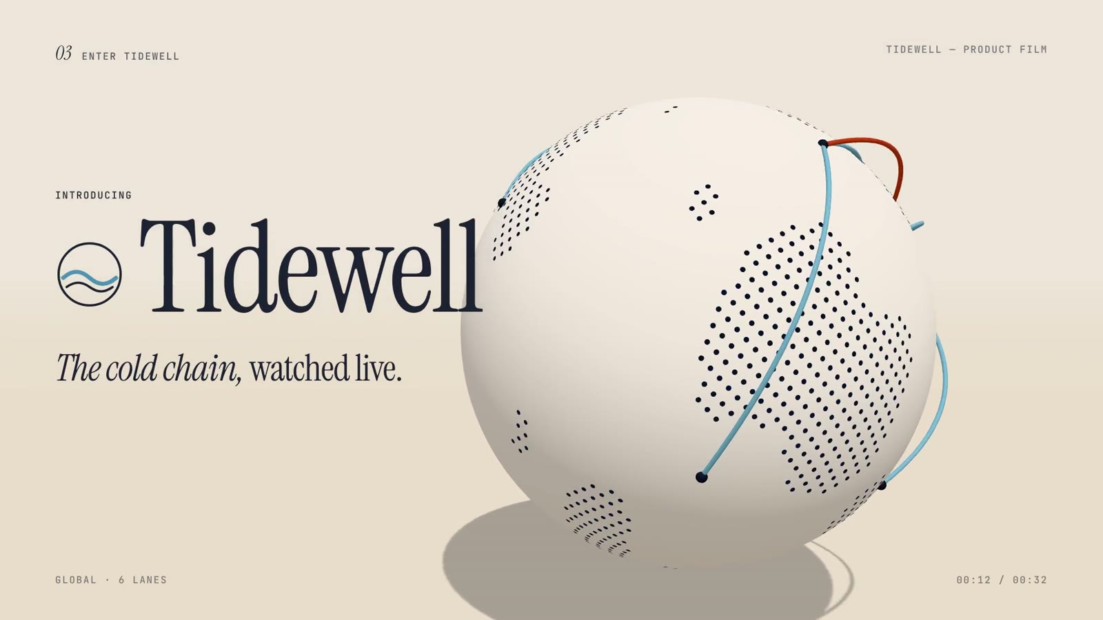 Tidewell 3D product film: clay globe with shipping routes